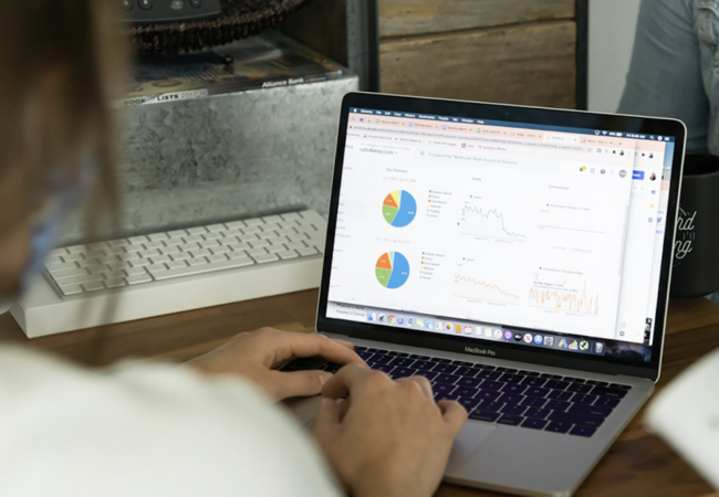 a women looking at data charts on a laptop